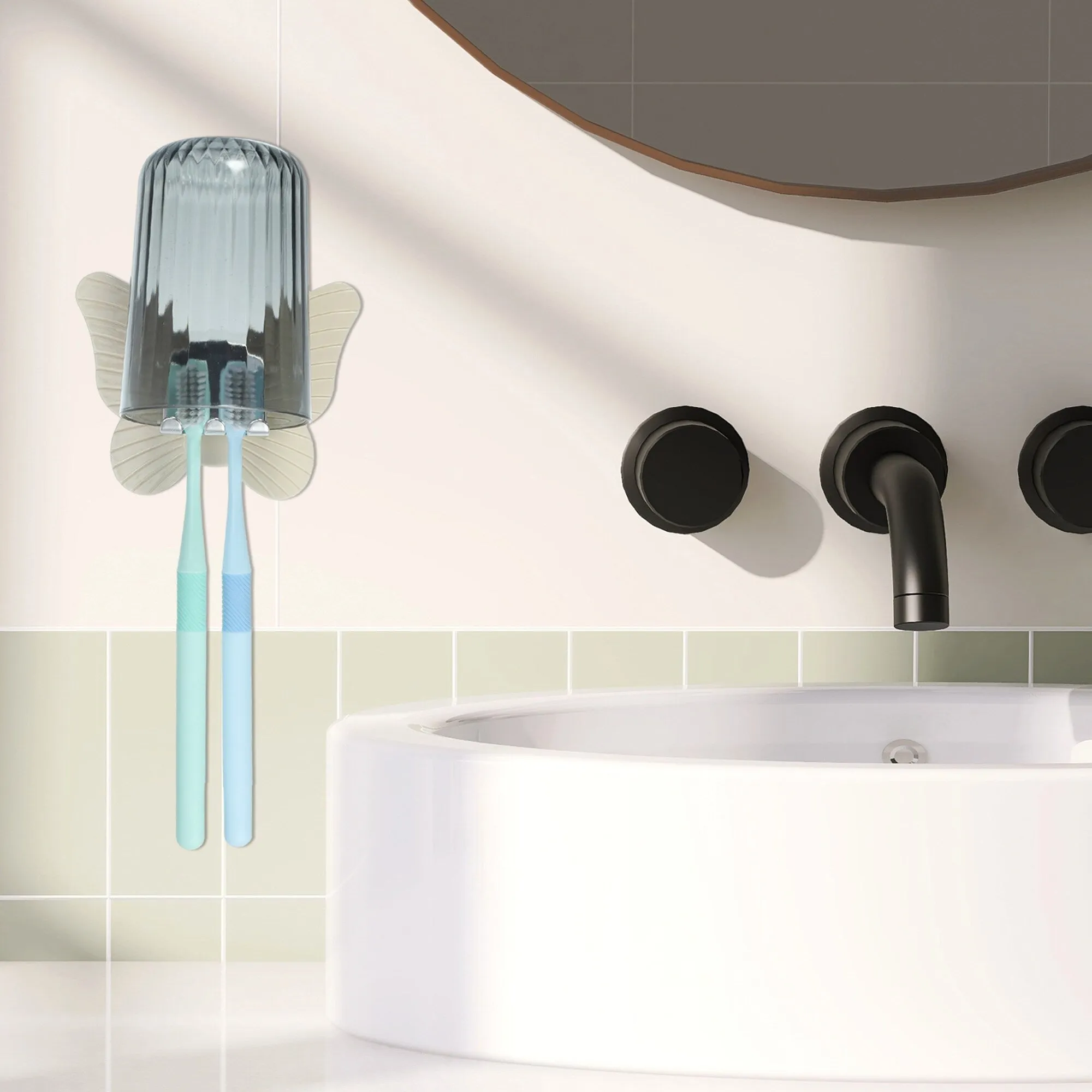 1 Set Wall Mounted Toothbrush Holder, Cute Hanging Toothbrush Holder with Cup, Beige, 4.33"x3.35" - Beige