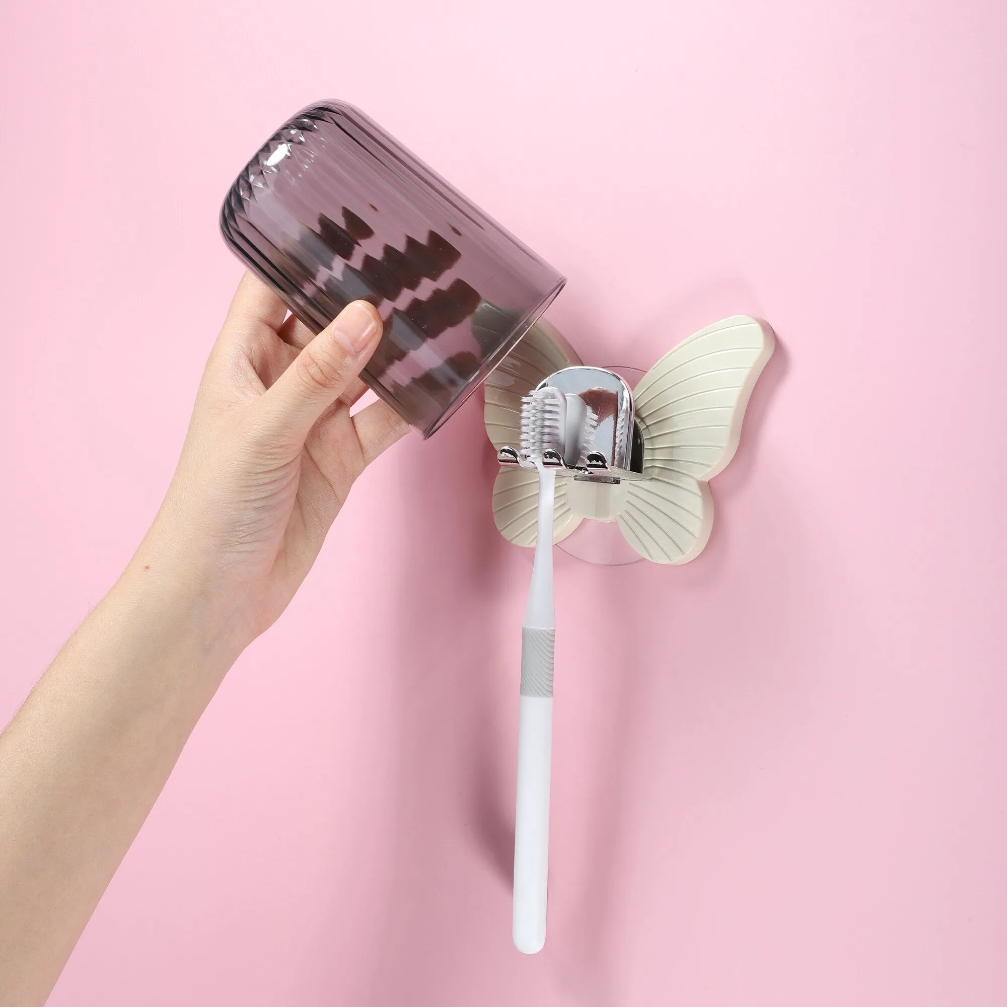 1 Set Wall Mounted Toothbrush Holder, Cute Hanging Toothbrush Holder with Cup, Beige, 4.33"x3.35" - Beige
