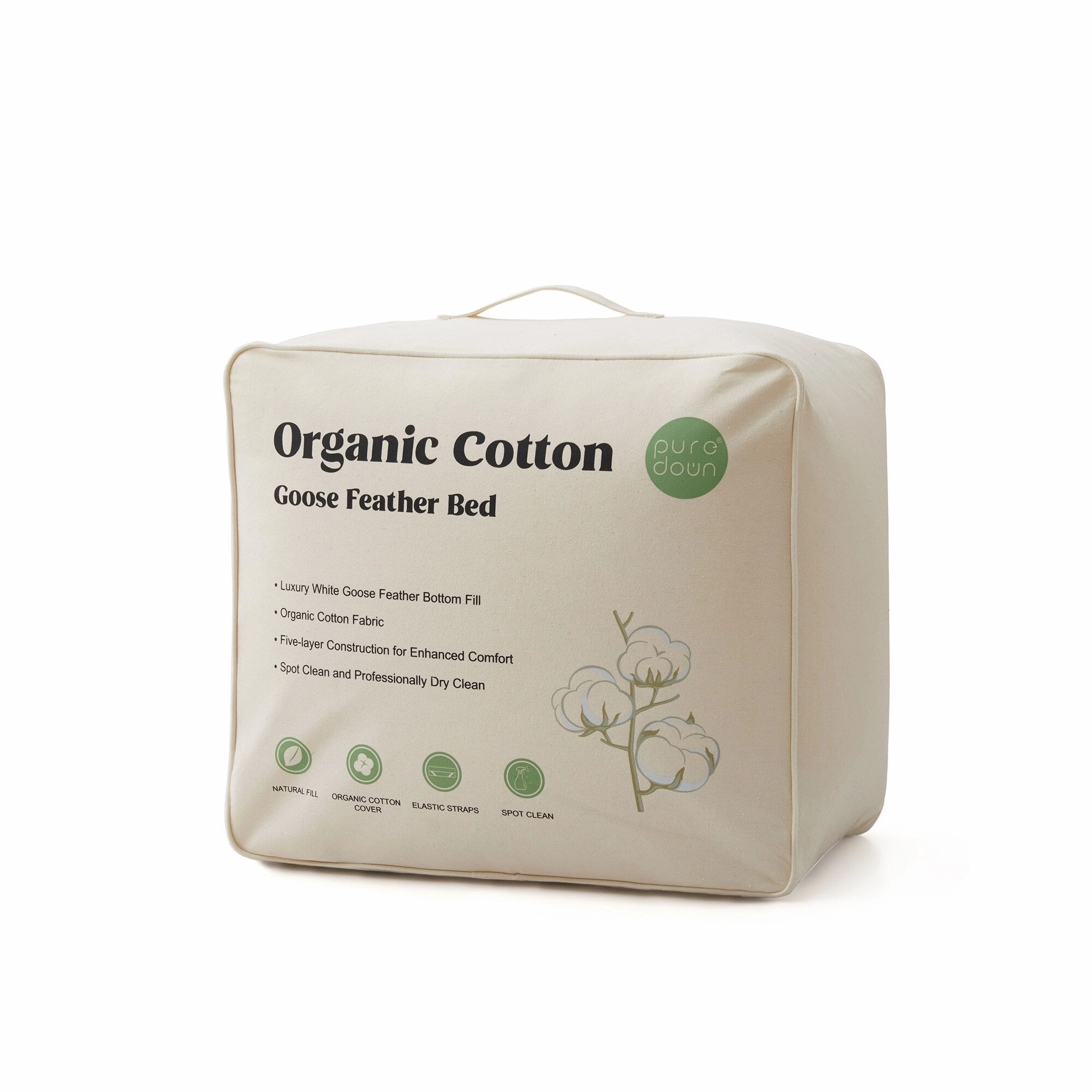 100% Organic Cotton Pillow Top Feather 3" Mattress Topper - white