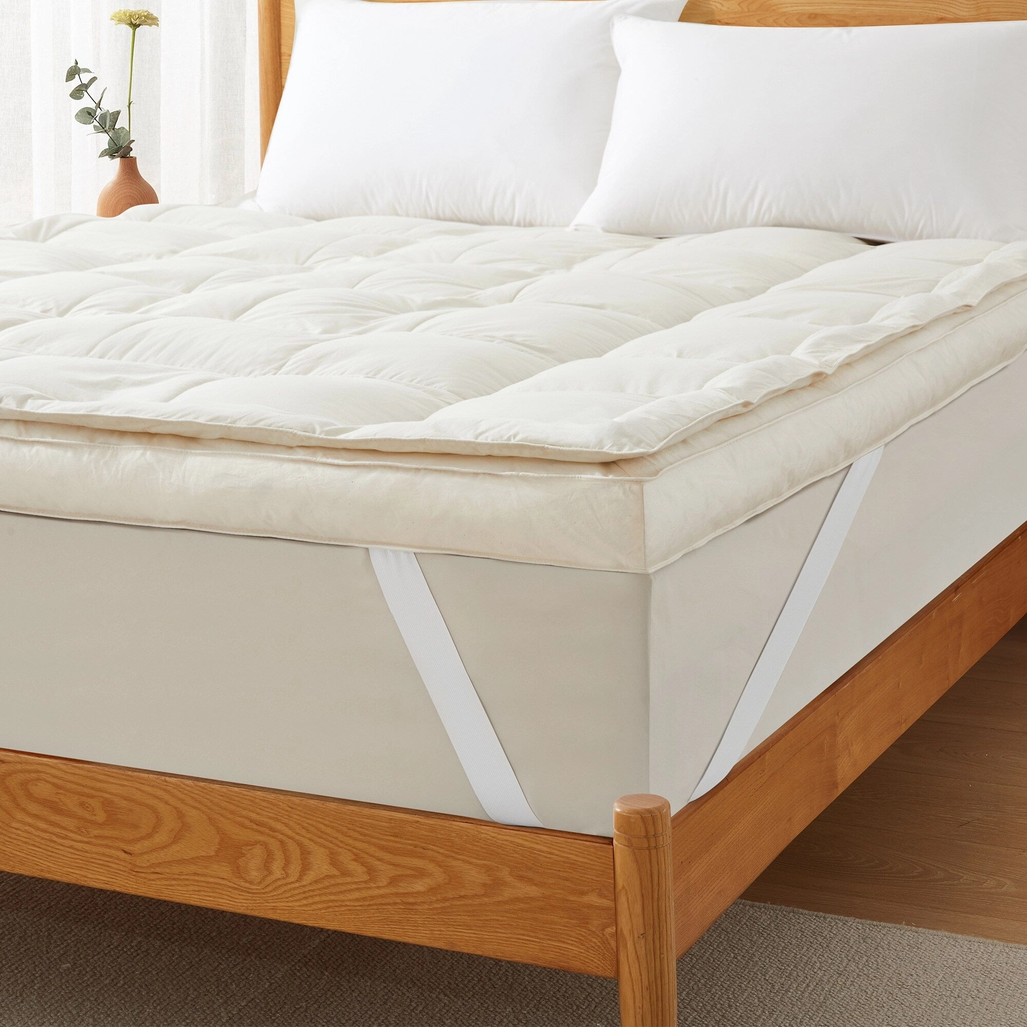 100% Organic Cotton Pillow Top Feather 3" Mattress Topper - white