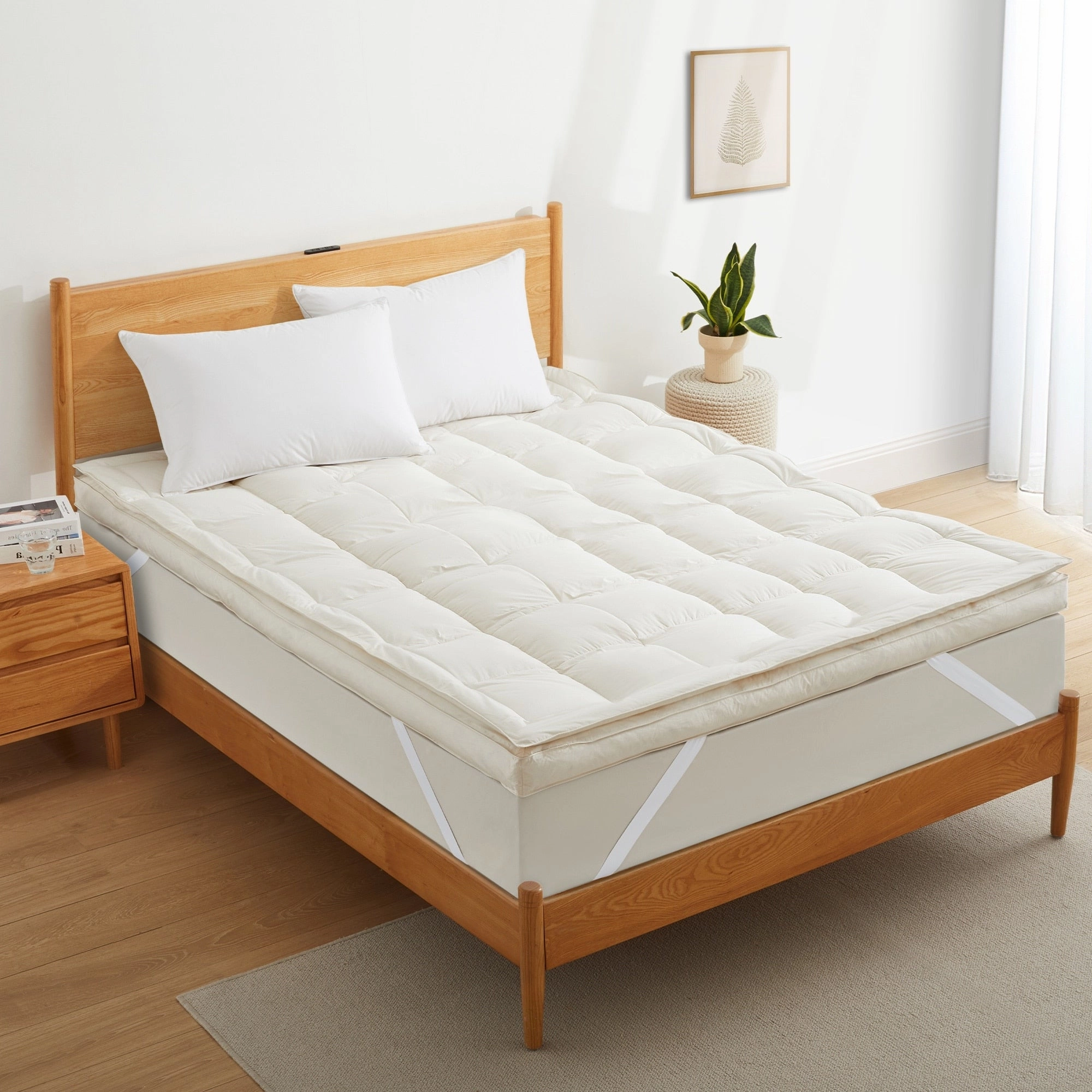 100% Organic Cotton Pillow Top Feather 3" Mattress Topper - white mattress pads,mattress topper,bed protection