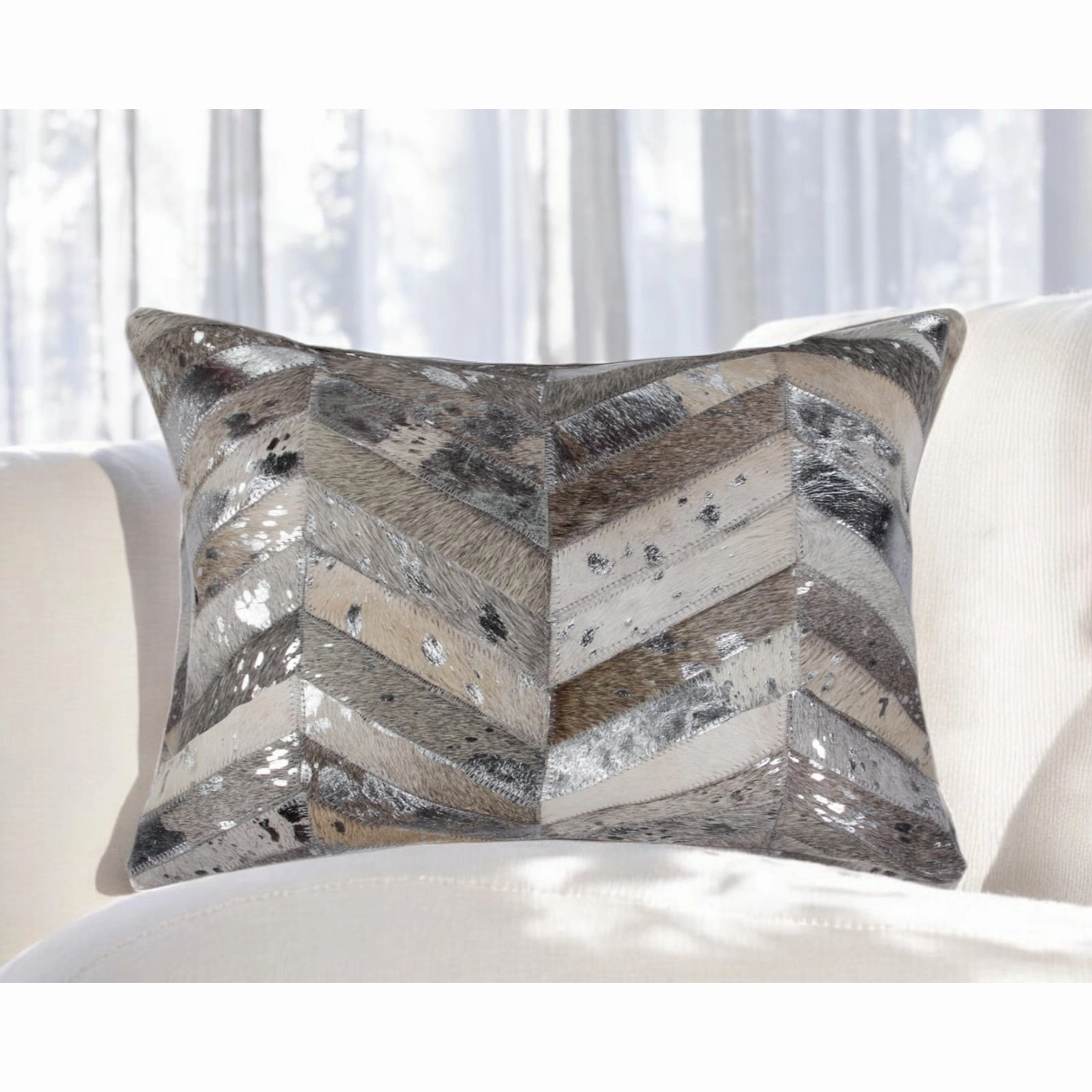 12" X 20" Gray and Silver Chevron Cowhide Lumbar Throw Pillow with Glitter pillows,bed pillow,sleeping cushion