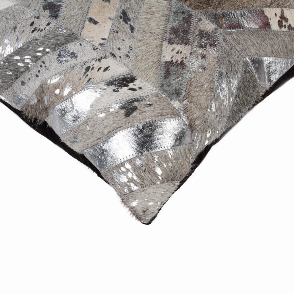 12" X 20" Gray and Silver Chevron Cowhide Lumbar Throw Pillow with Glitter