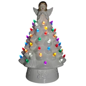 14" LED Light Up White Ceramic Tree with Angel Tree Topper Decorative Mirror,Home Decor Mirror