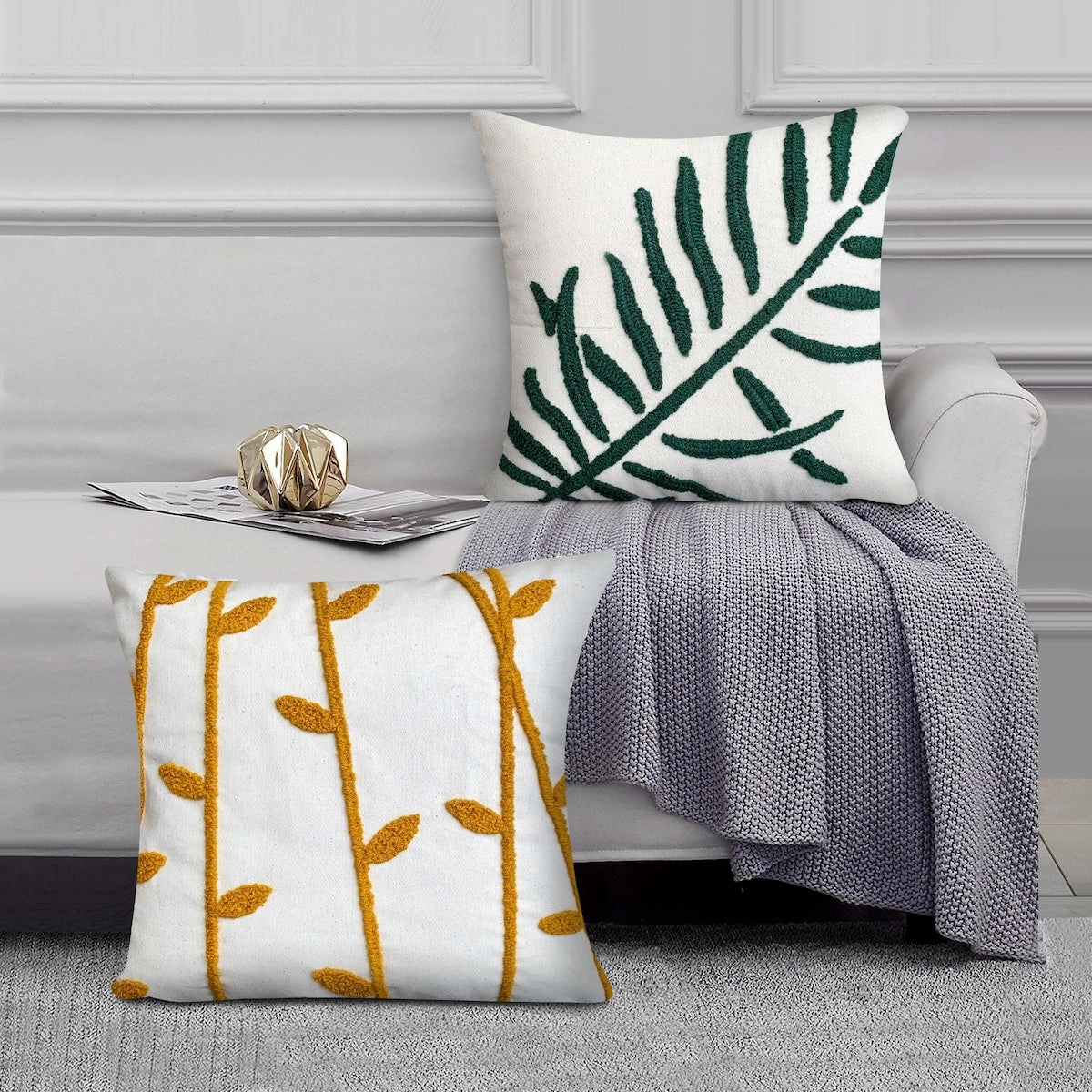 17 x 17 Inch 2 Piece Square Cotton Accent Throw Pillow Set, Leaf Embroidery, White, Green, Yellow - White