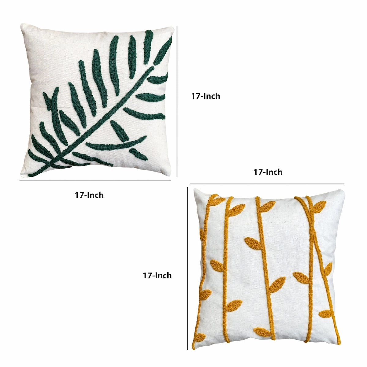 17 x 17 Inch 2 Piece Square Cotton Accent Throw Pillow Set, Leaf Embroidery, White, Green, Yellow - White