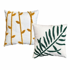 17 x 17 Inch 2 Piece Square Cotton Accent Throw Pillow Set, Leaf Embroidery, White, Green, Yellow - White pillows,bed pillow,sleeping cushion