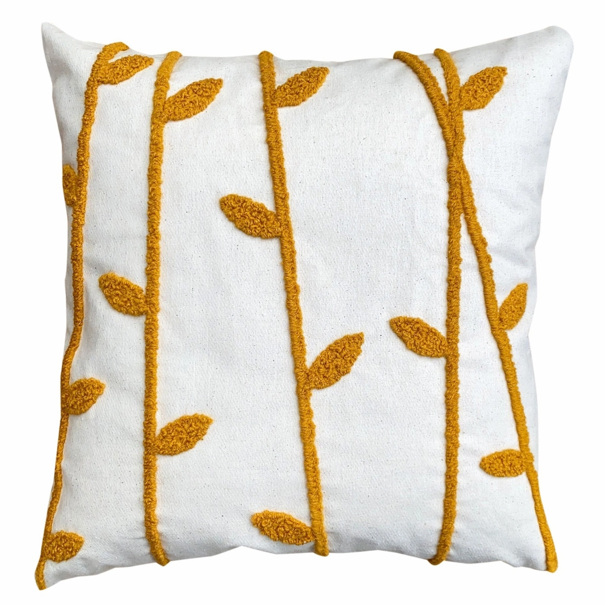 17 x 17 Inch 2 Piece Square Cotton Accent Throw Pillow Set, Leaf Embroidery, White, Green, Yellow - White