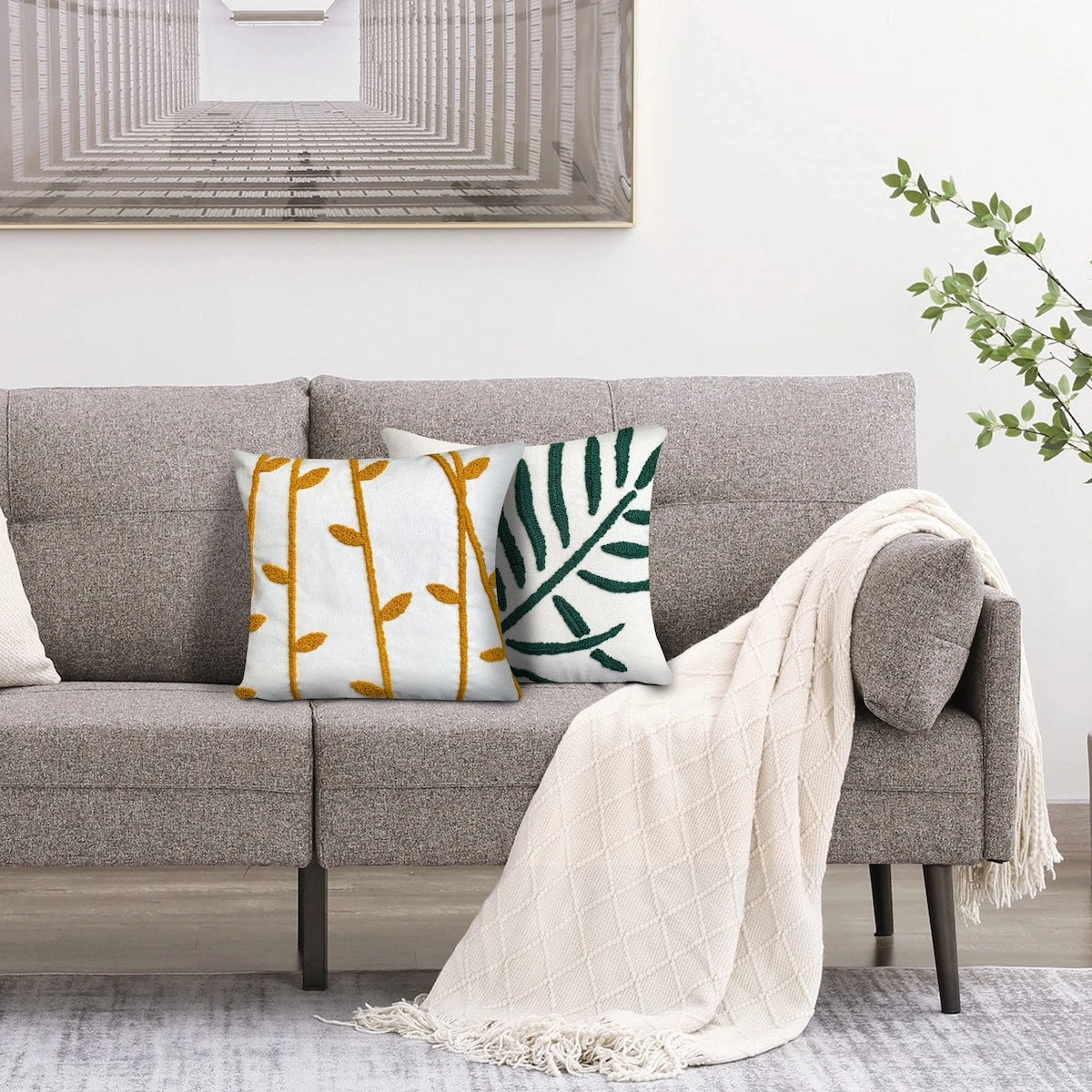 17 x 17 Inch 2 Piece Square Cotton Accent Throw Pillow Set, Leaf Embroidery, White, Green, Yellow - White