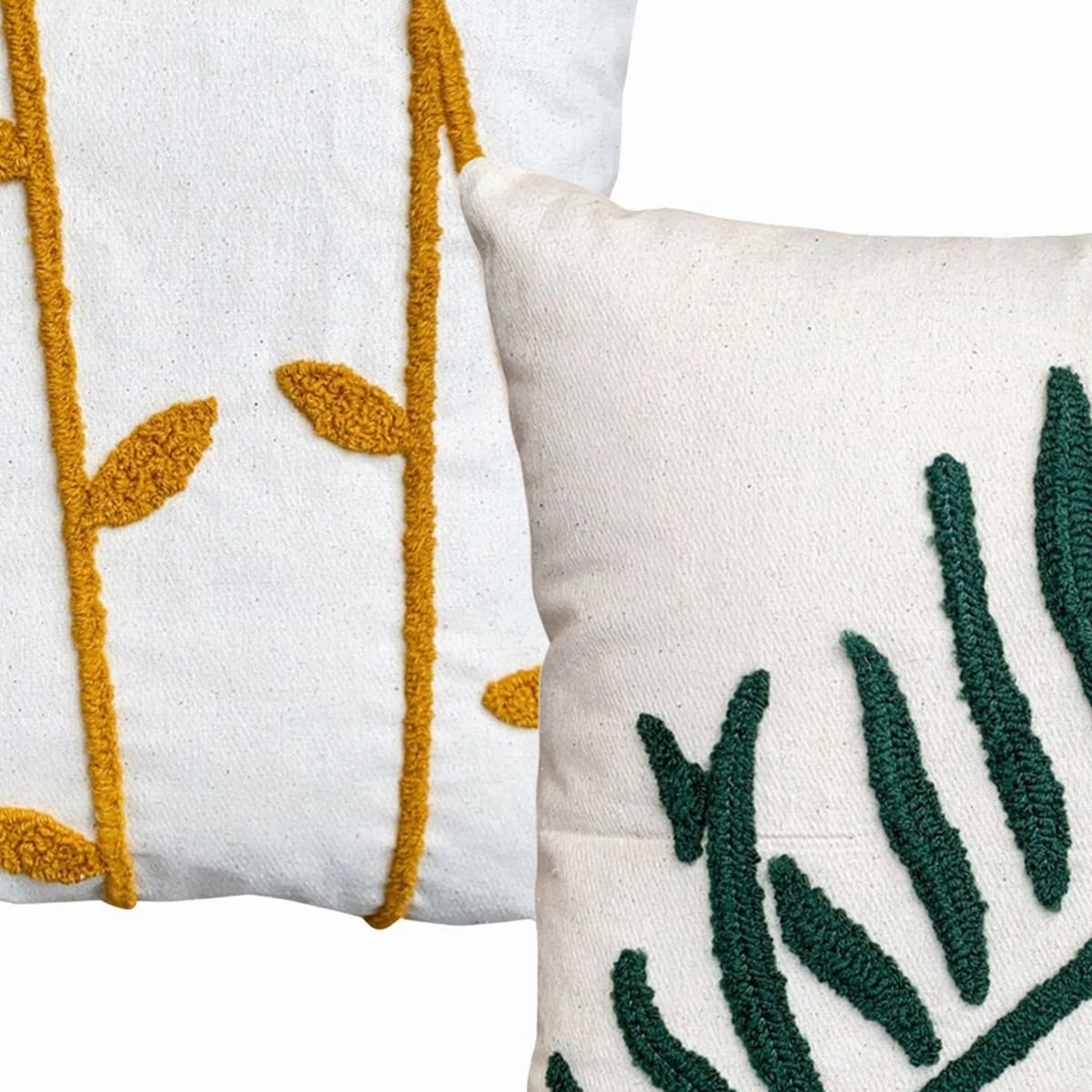 17 x 17 Inch 2 Piece Square Cotton Accent Throw Pillow Set, Leaf Embroidery, White, Green, Yellow - White