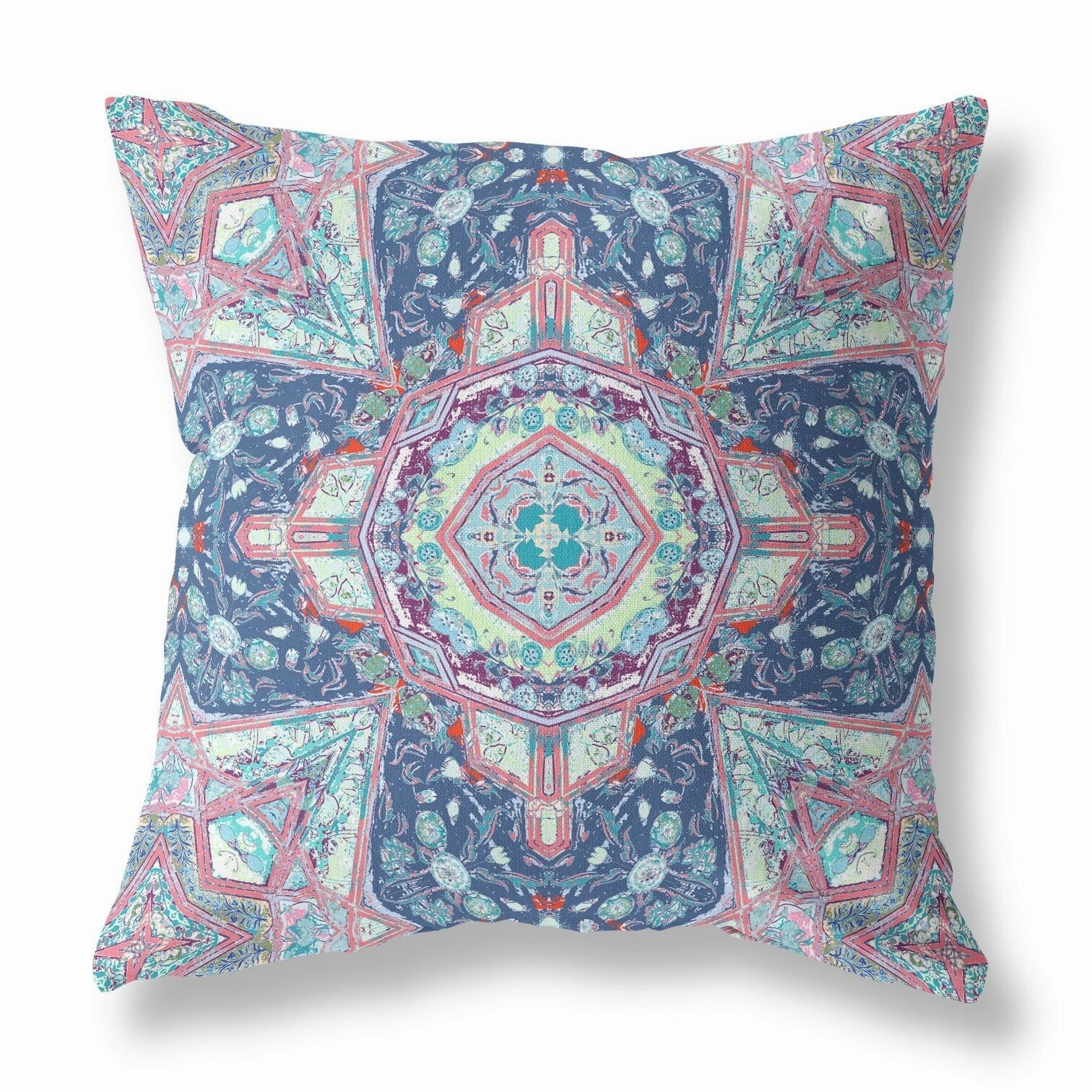 18" Blue Pink Floral Geo Indoor Outdoor Throw Pillow pillows,bed pillow,sleeping cushion