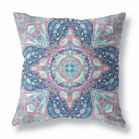 18" Blue Pink Floral Geo Indoor Outdoor Throw Pillow pillows,bed pillow,sleeping cushion