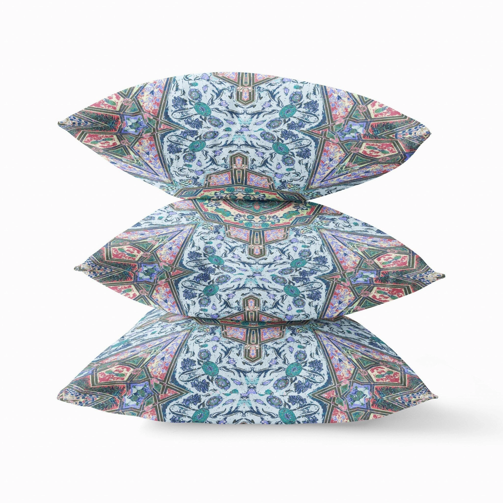 18" Pale Blue Pink Medallion Indoor Outdoor Throw Pillow