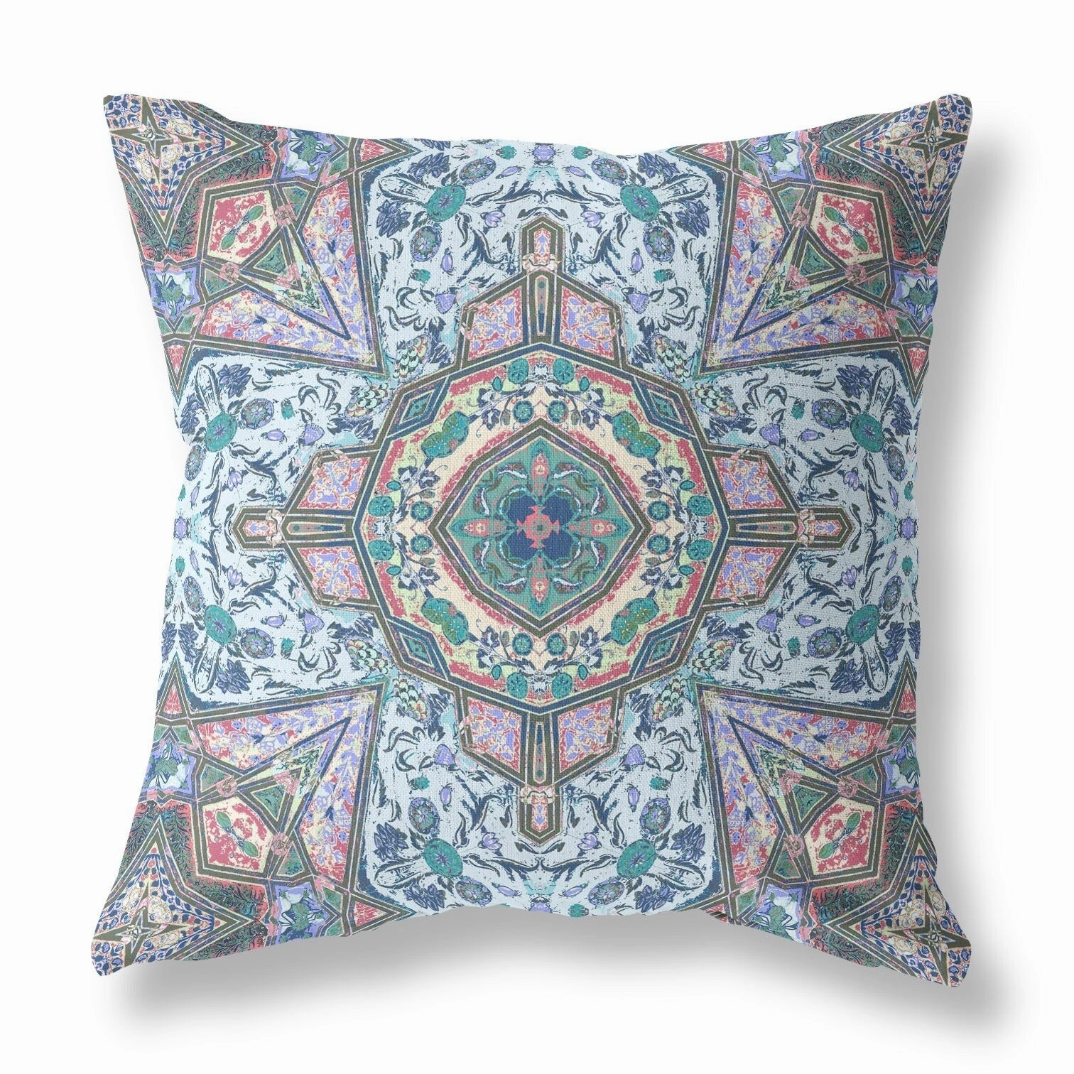 18" Pale Blue Pink Medallion Indoor Outdoor Throw Pillow pillows,bed pillow,sleeping cushion