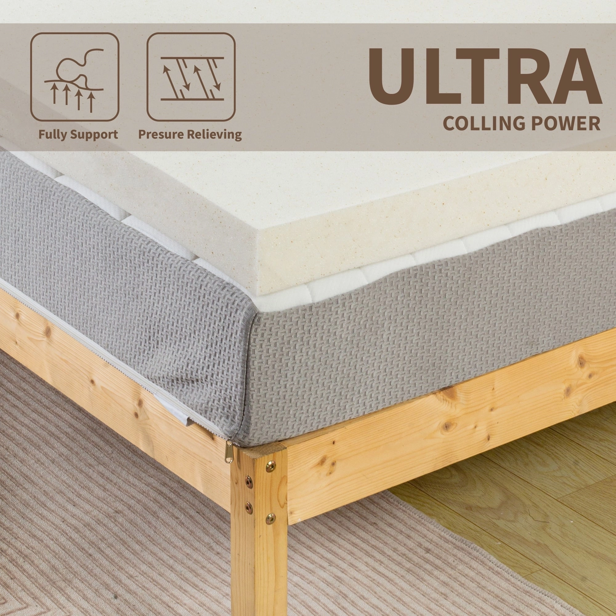 1", 2" & 3" Copper-Infused Memory Foam Mattress Toppers, Cooling and Pressure Relieving with Airflow Design, Beige