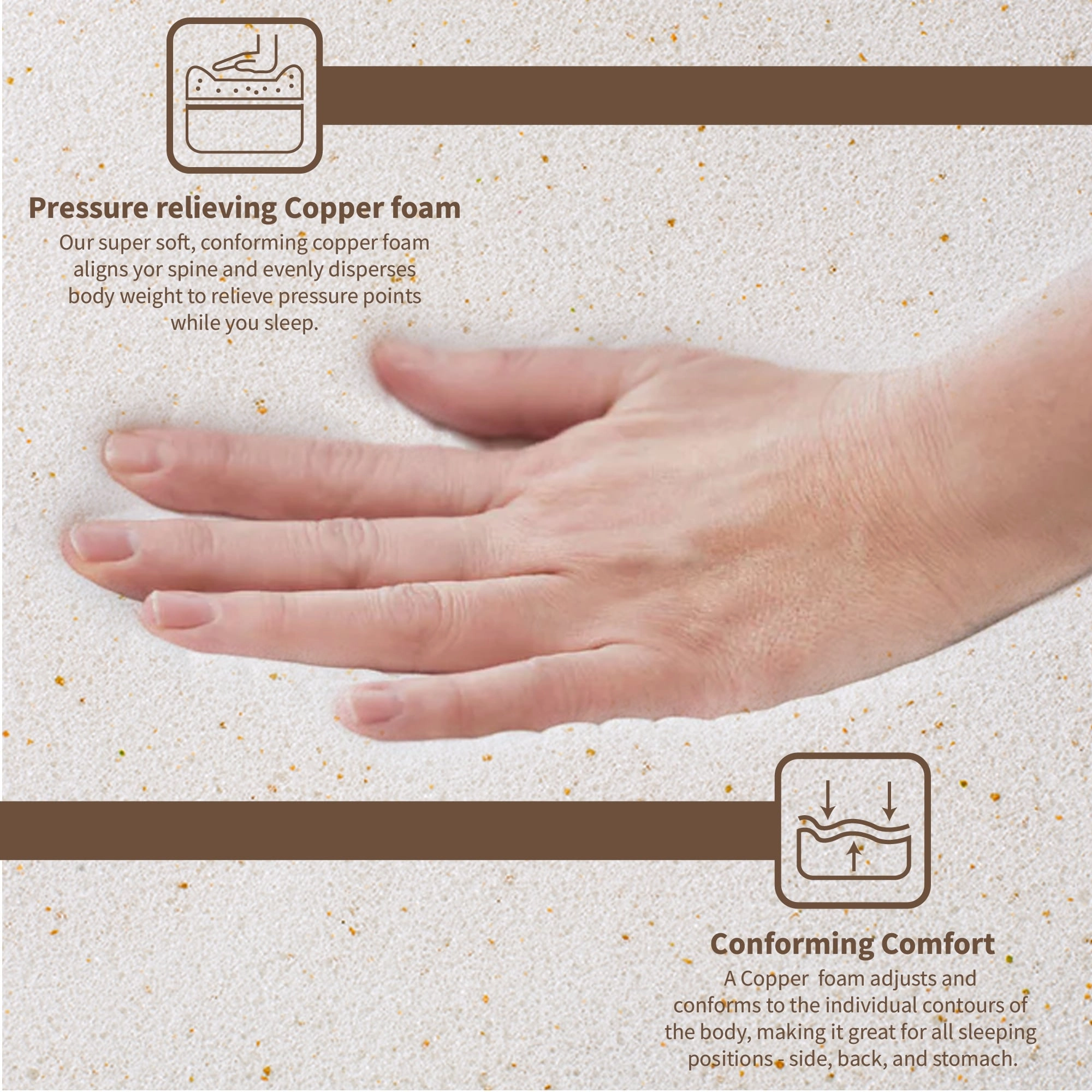 1", 2" & 3" Copper-Infused Memory Foam Mattress Toppers, Cooling and Pressure Relieving with Airflow Design, Beige