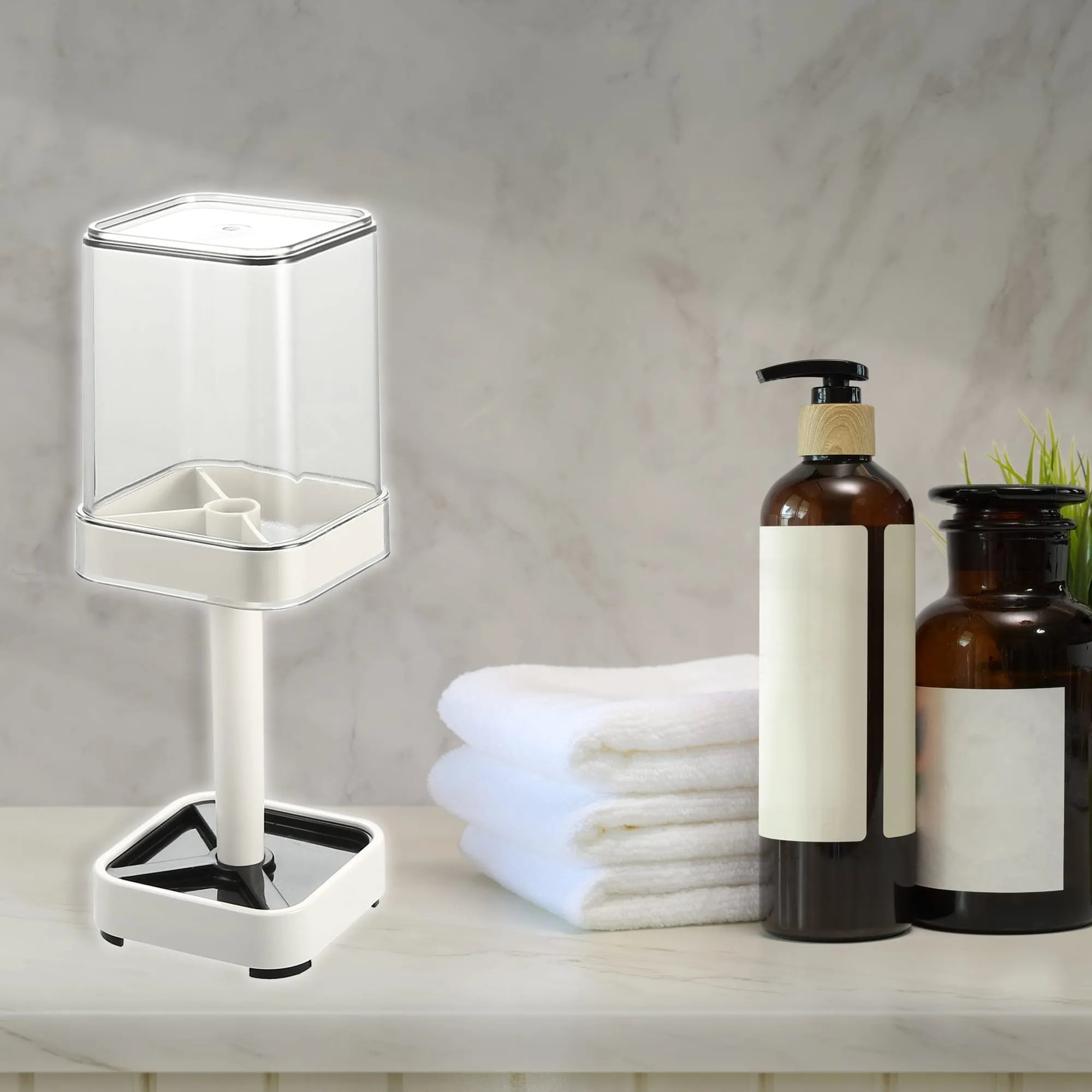 1Pc Toothbrush Holder Stand with Cover with 3 Slots ABS White 8.86"x2.87"