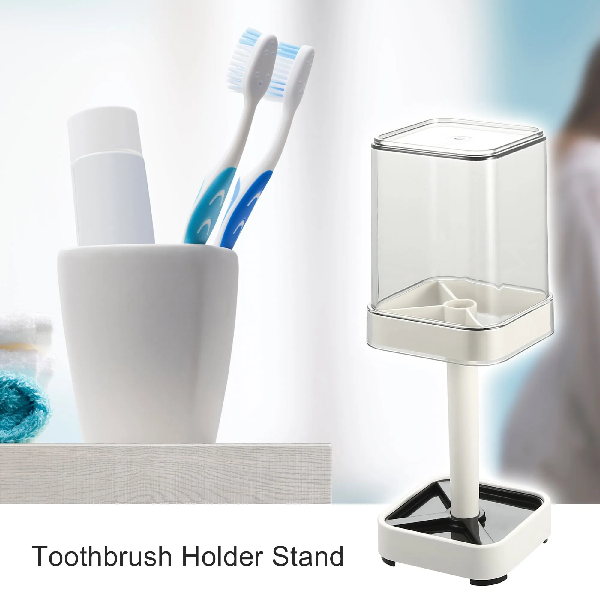 1Pc Toothbrush Holder Stand with Cover with 3 Slots ABS White 8.86"x2.87"