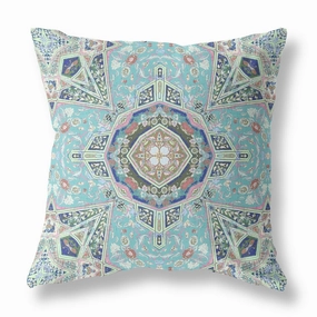 20" Aqua Brown Floral Geo Indoor Outdoor Throw Pillow - Blue pillows,bed pillow,sleeping cushion