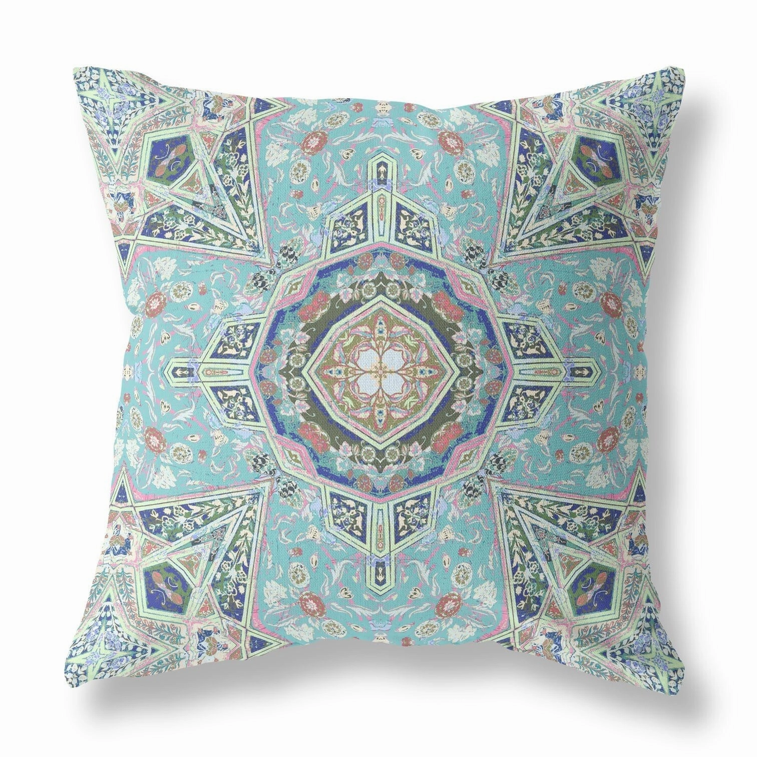 20" Aqua Brown Floral Geo Indoor Outdoor Throw Pillow - Blue pillows,bed pillow,sleeping cushion