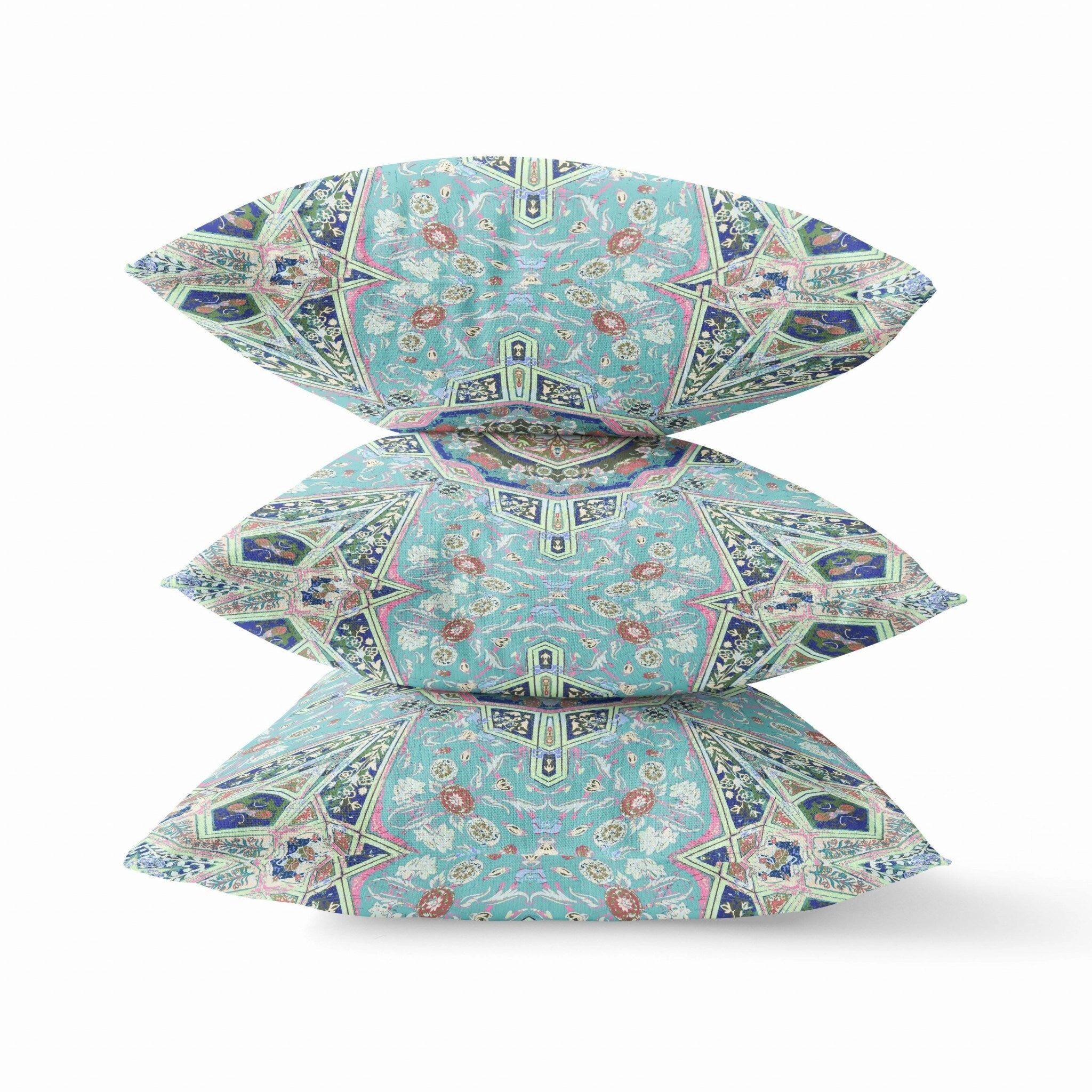 20" Aqua Brown Floral Geo Indoor Outdoor Throw Pillow - Blue