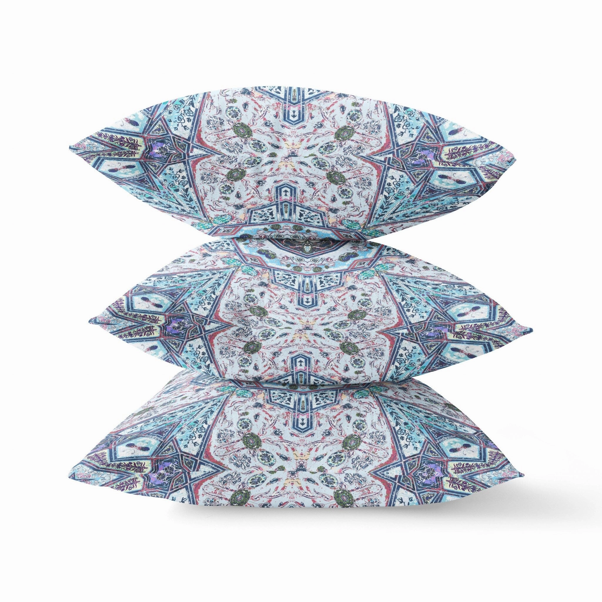 20" Blue Gray Floral Boho Indoor Outdoor Throw Pillow - Grey