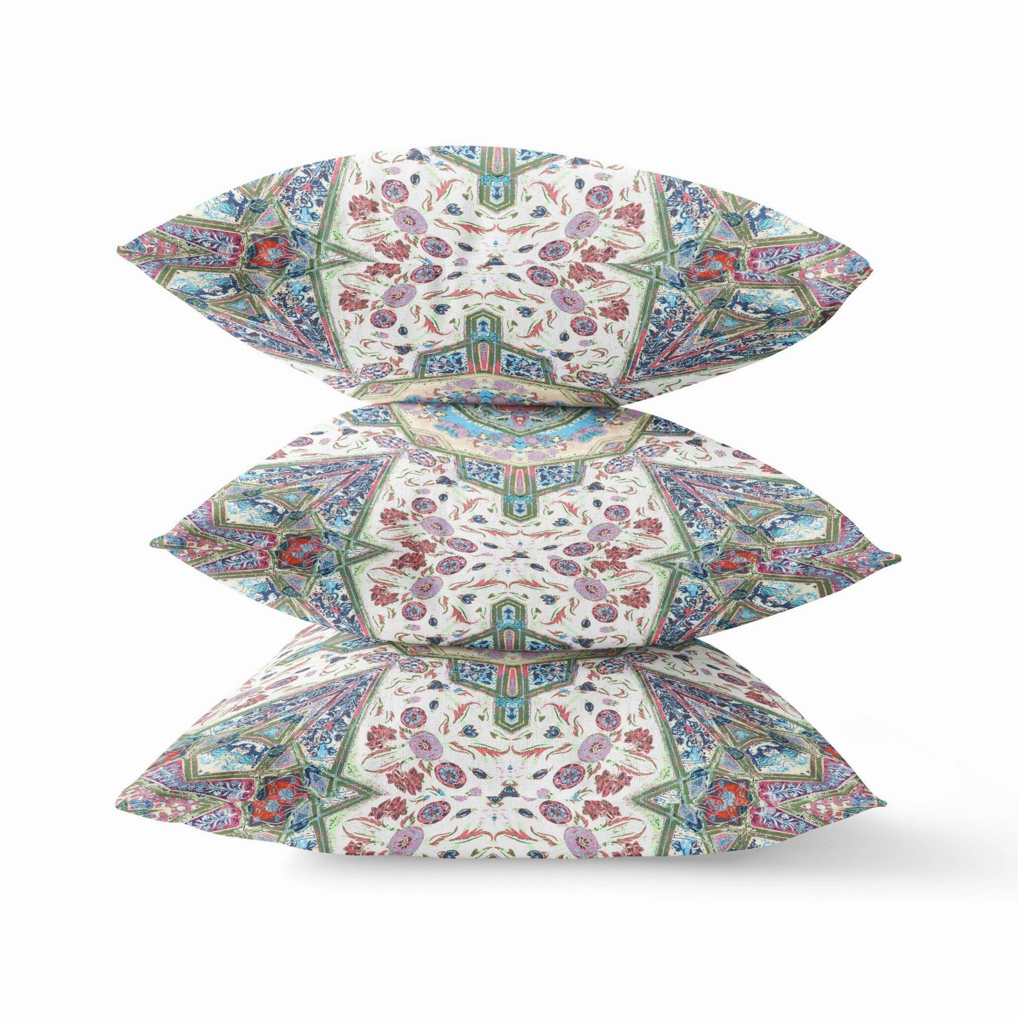 20" Cream Pink Boho Flower Indoor Outdoor Throw Pillow