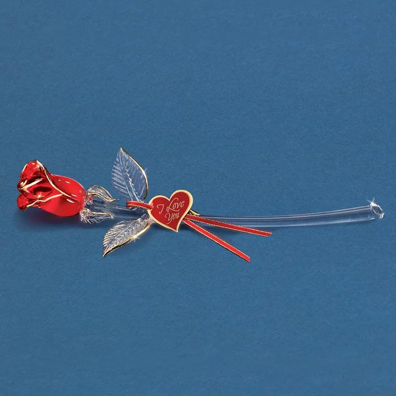 22Kt Gold Trimmed Red Rose Bud on Long Stem Glass Figurine Decorative Mirror,Home Decor Mirror