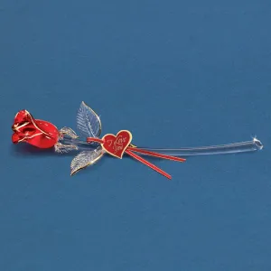 22Kt Gold Trimmed Red Rose Bud on Long Stem Glass Figurine Decorative Mirror,Home Decor Mirror