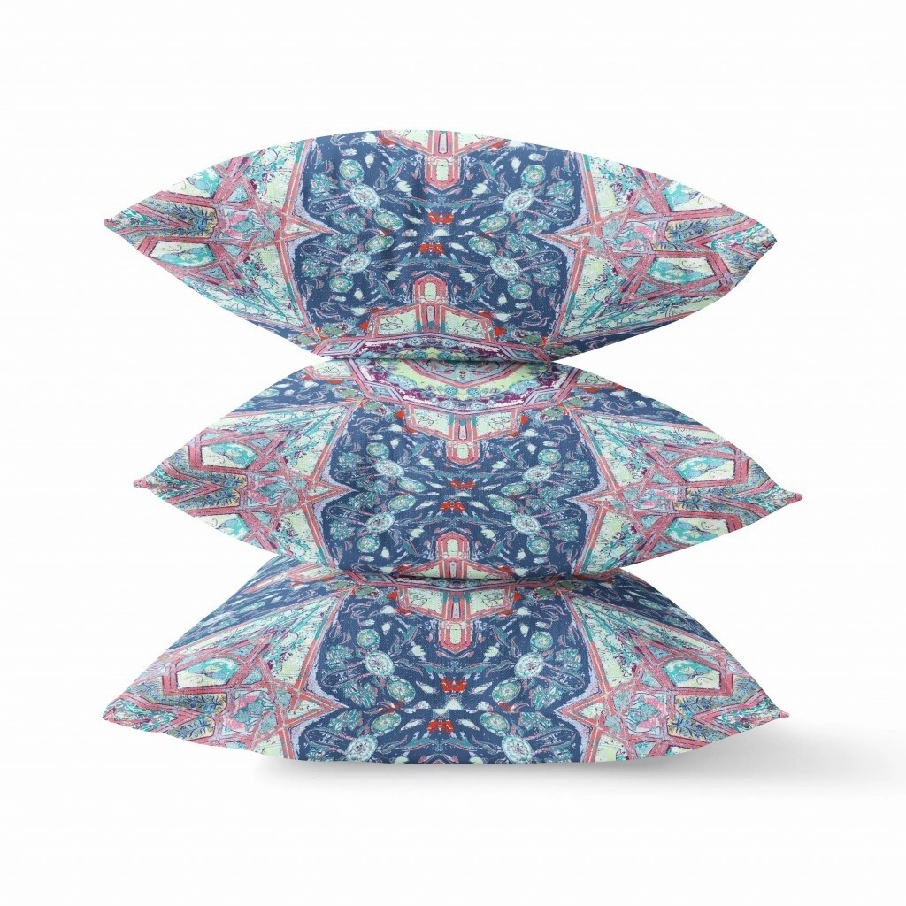 26" Blue Pink Floral Geo Indoor Outdoor Throw Pillow