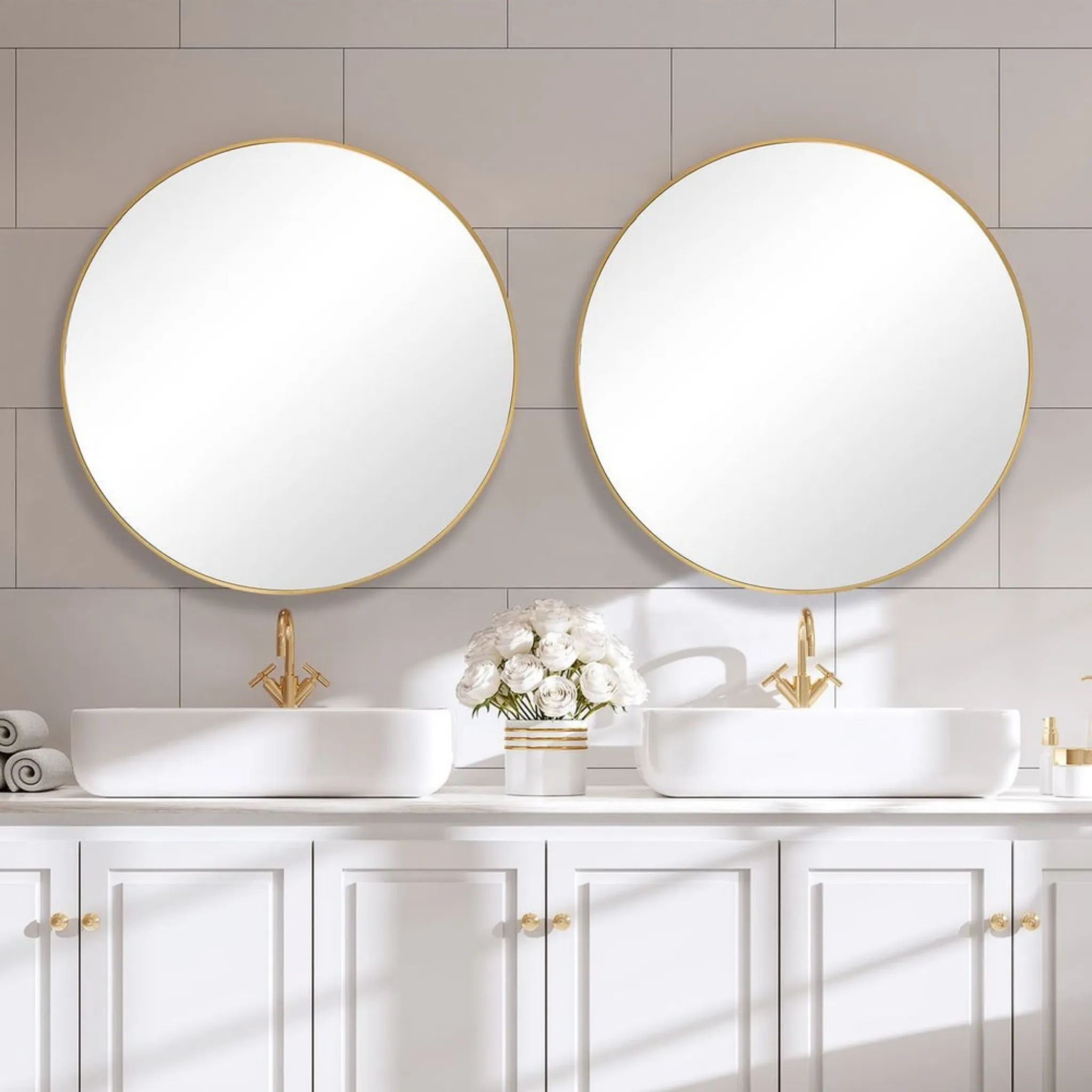 34" Round Mirror, Brushed Gold
