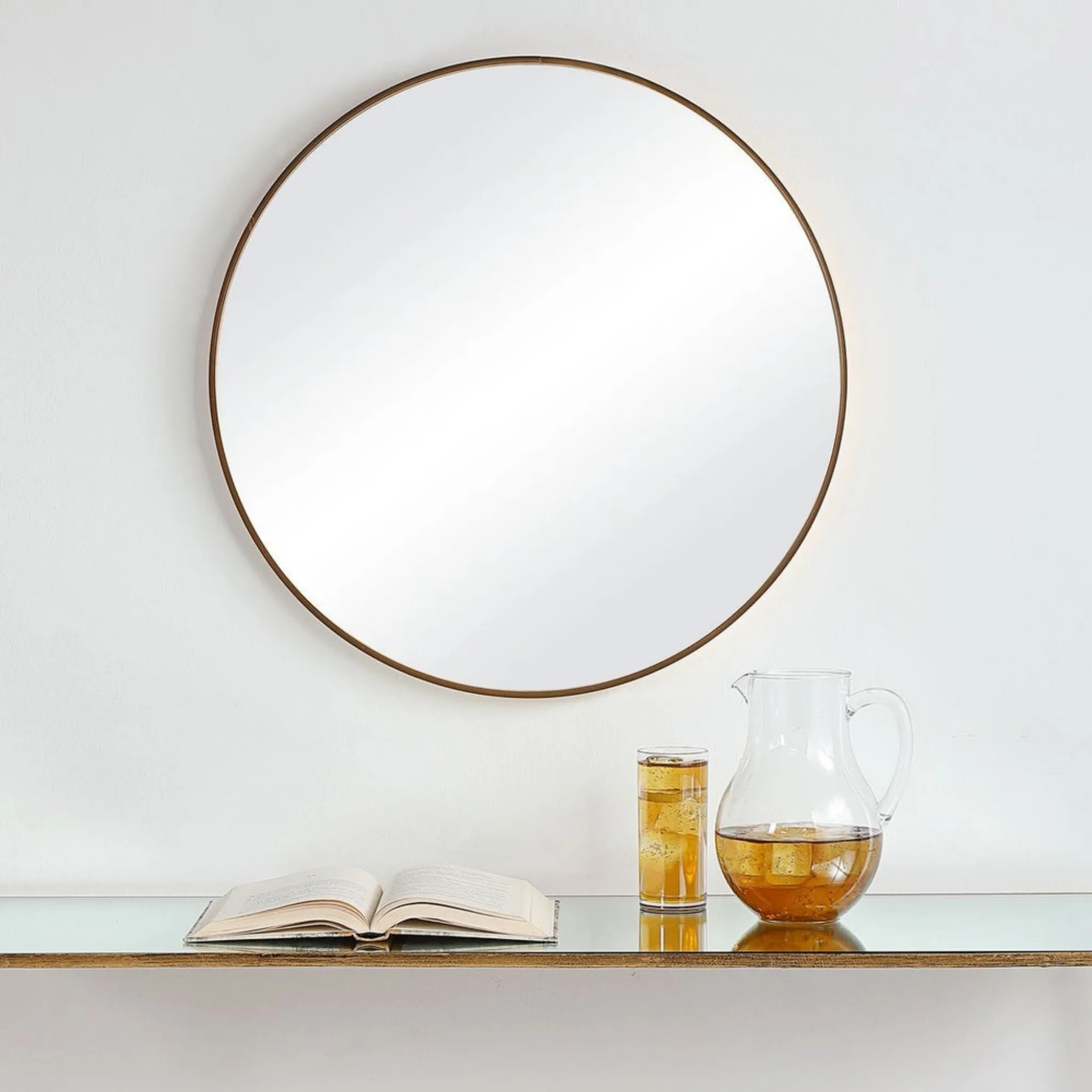 34" Round Mirror, Brushed Gold