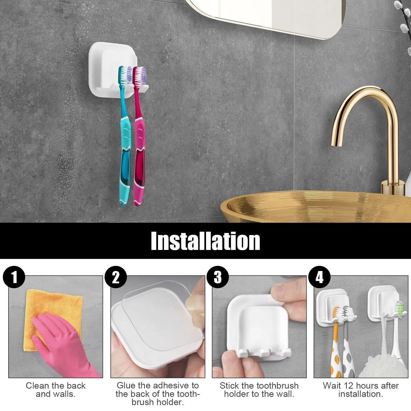 4Pcs Self-Adhesive Toothbrush Holder Set for Wall Mount - white