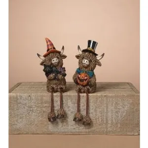 4" Halloween Highland Cow with Black Cat or Jack-O-Lantern Shelf Sitter with Dangle Legs Figurine Decorative Mirror,Home Decor Mirror