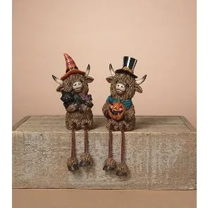 4" Halloween Highland Cow with Black Cat or Jack-O-Lantern Shelf Sitter with Dangle Legs Figurine Decorative Mirror,Home Decor Mirror