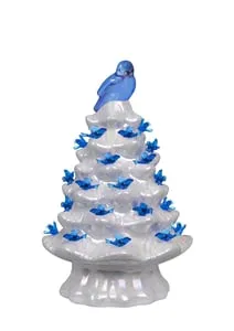 7.5" Iridescent White Ceramic LED Lighted Tree with Bluebird Decorative Mirror,Home Decor Mirror