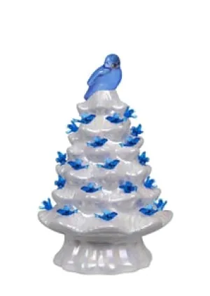 7.5" Iridescent White Ceramic LED Lighted Tree with Bluebird Decorative Mirror,Home Decor Mirror