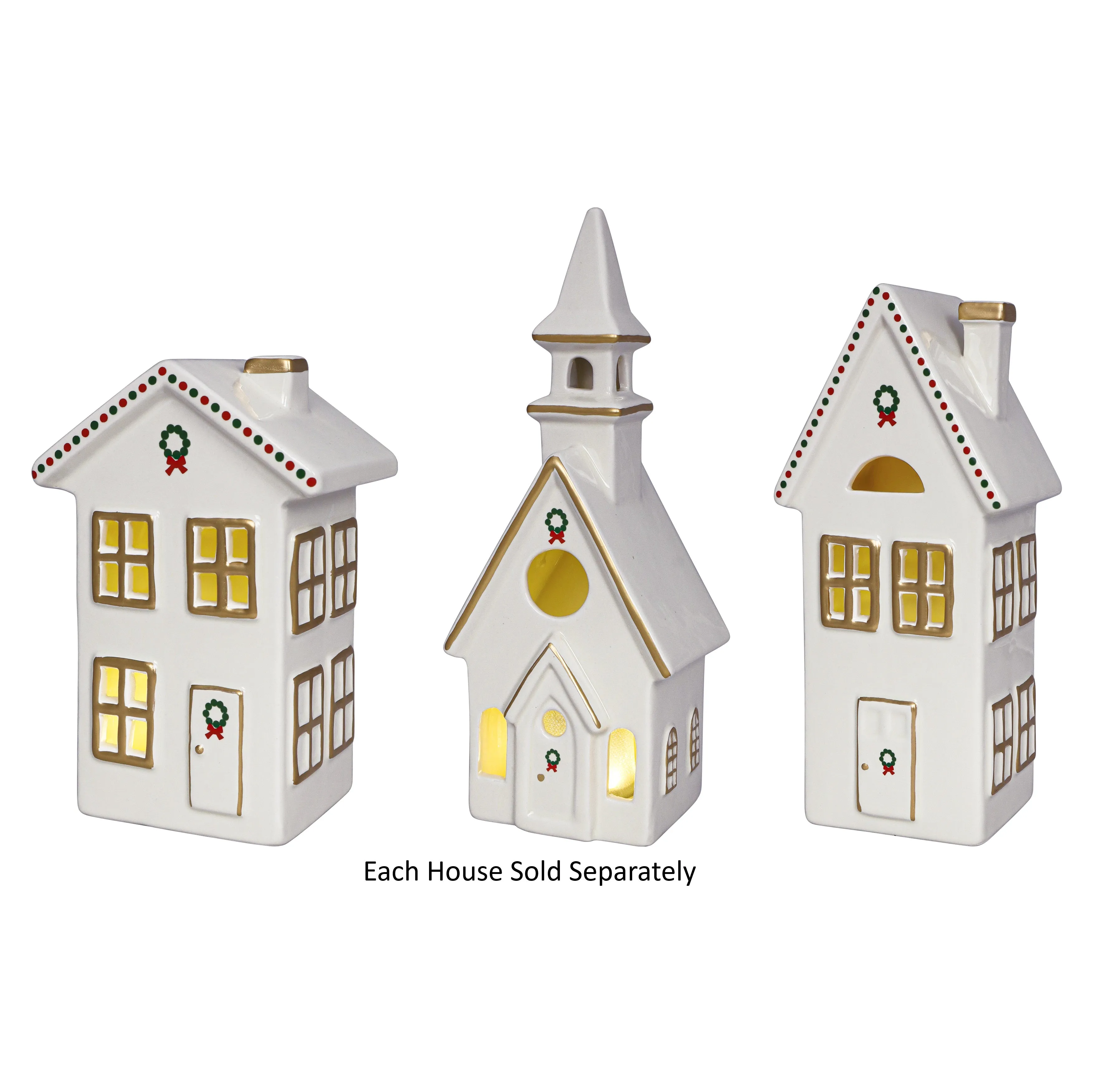 7" Ivory and Gold Village House with LED Lights with Holiday Wreath Decorative Mirror,Home Decor Mirror