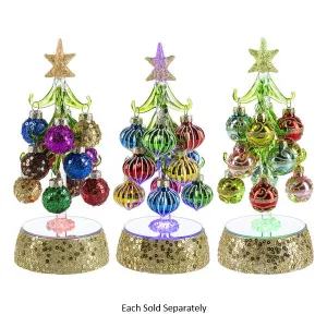 8" Glass Christmas Tree with Ornaments with Light Up Glitter Gold Base Decorative Mirror,Home Decor Mirror