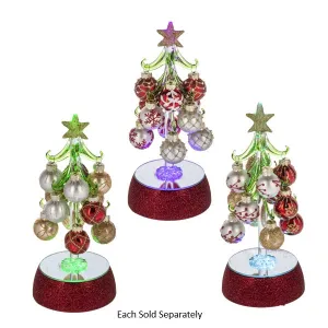 8" Glass Christmas Tree with Ornaments with Light Up Glitter Red Base Decorative Mirror,Home Decor Mirror