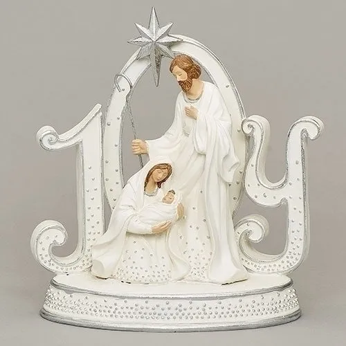 8" Silver Studded White JOY Holy Family Nativity Figurine Decorative Mirror,Home Decor Mirror