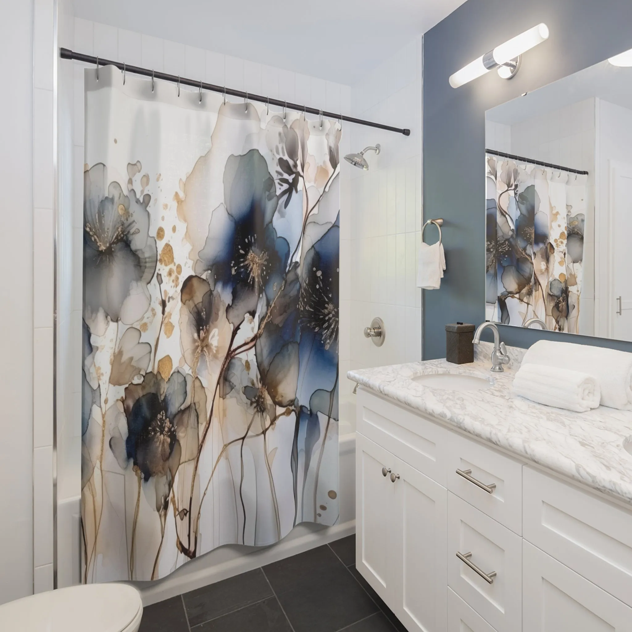 Abstract Floral Shower Curtain | Navy Blue, Beige Ombre