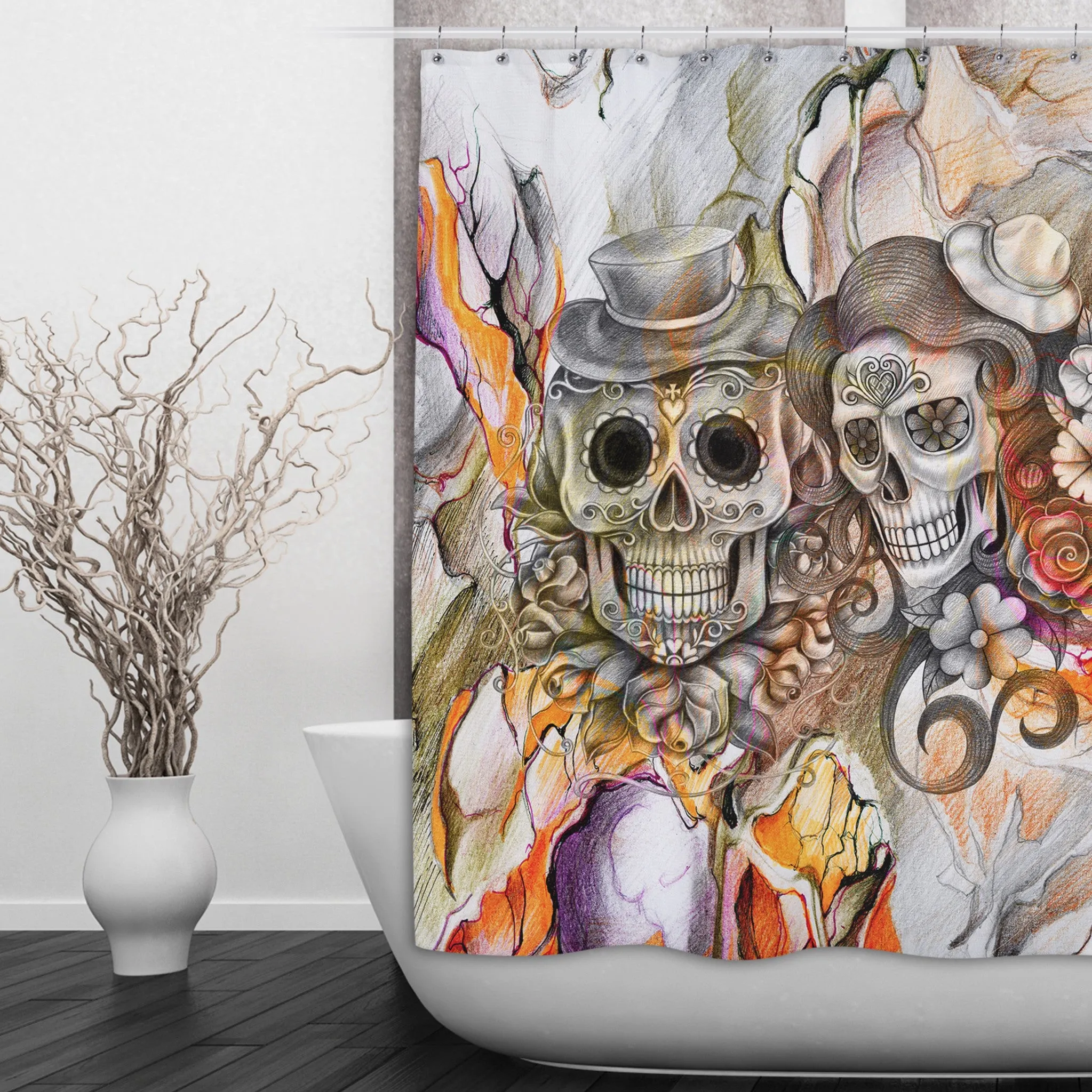Abstract Orange Pencil Sketch Flower and Sugar Skull Shower Curtains and Optional Bath Mats Lighting,Lamps Fixtures