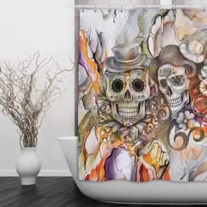 Abstract Orange Pencil Sketch Flower and Sugar Skull Shower Curtains and Optional Bath Mats Lighting,Lamps Fixtures