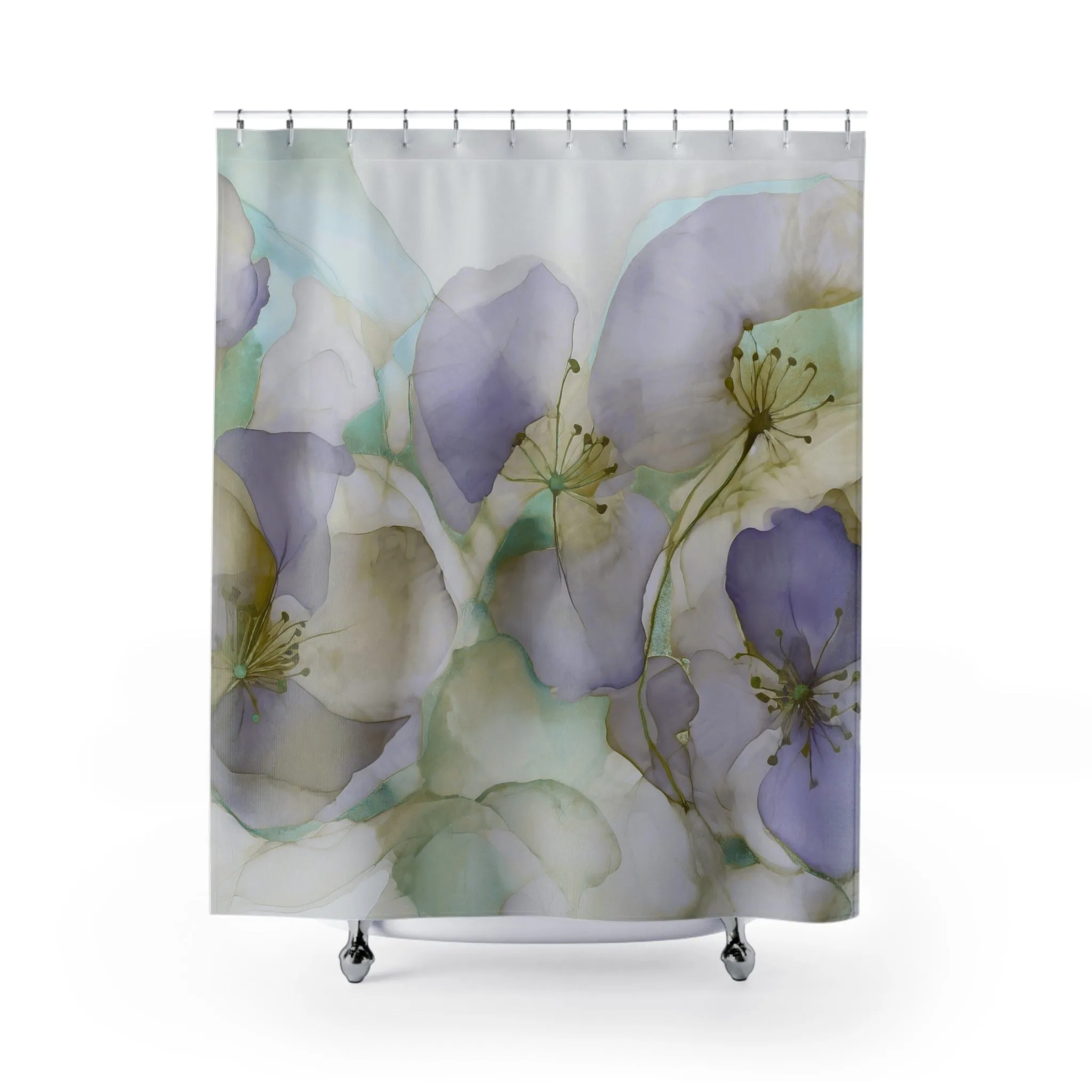 Abstract Shower Curtain | Artsy Floral Lavender Purple, Sage Green Lighting,Home Lighting