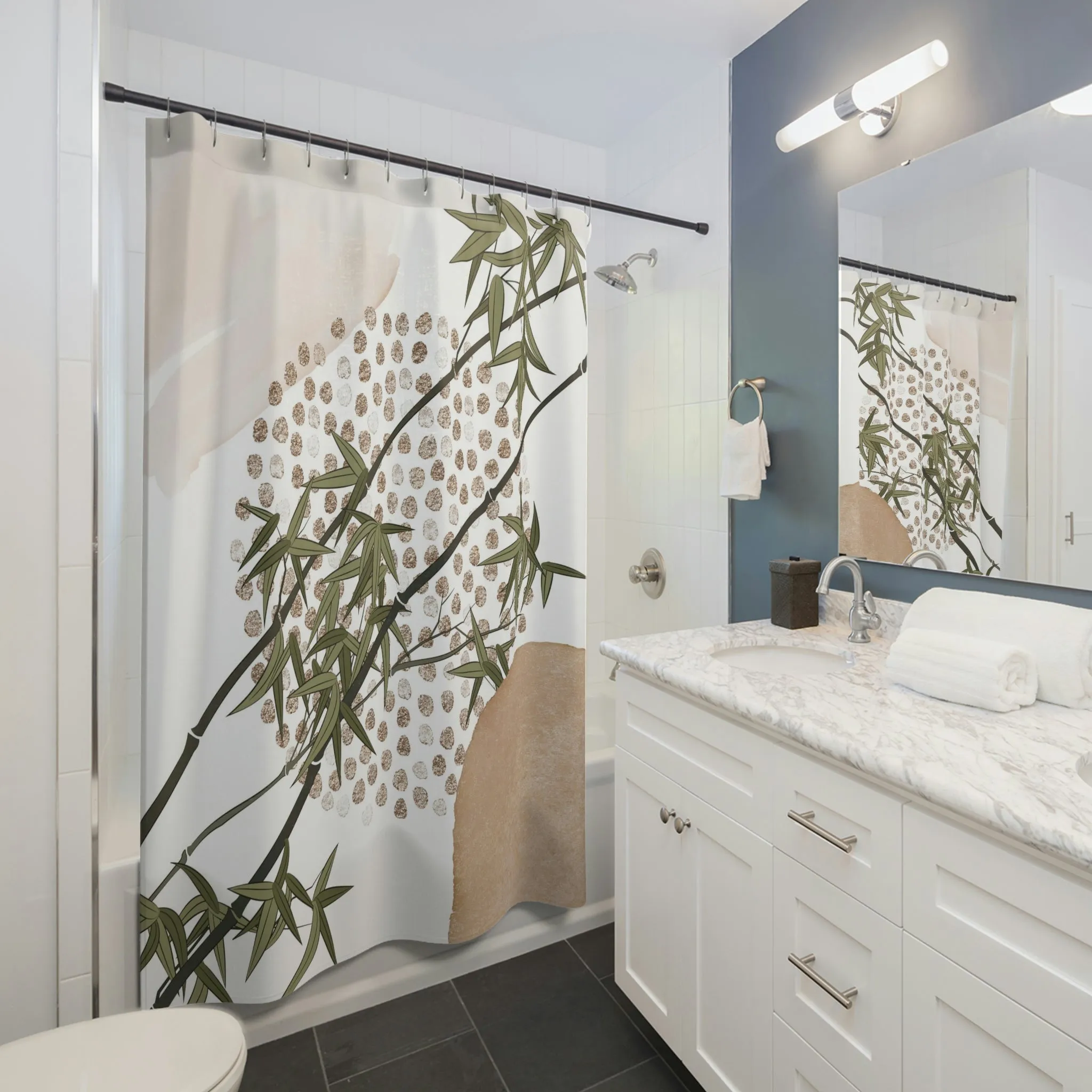 Abstract Shower Curtain | Beige Green Bamboo