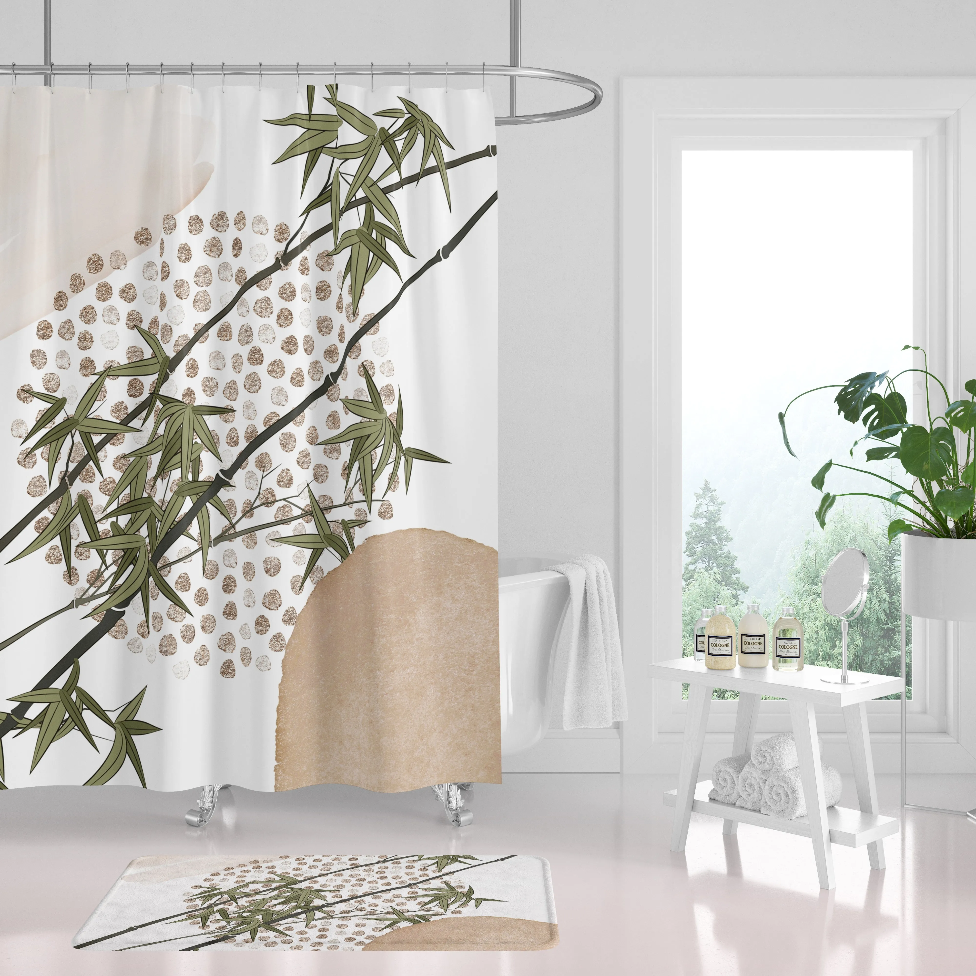 Abstract Shower Curtain | Beige Green Bamboo Lighting,Home Lighting
