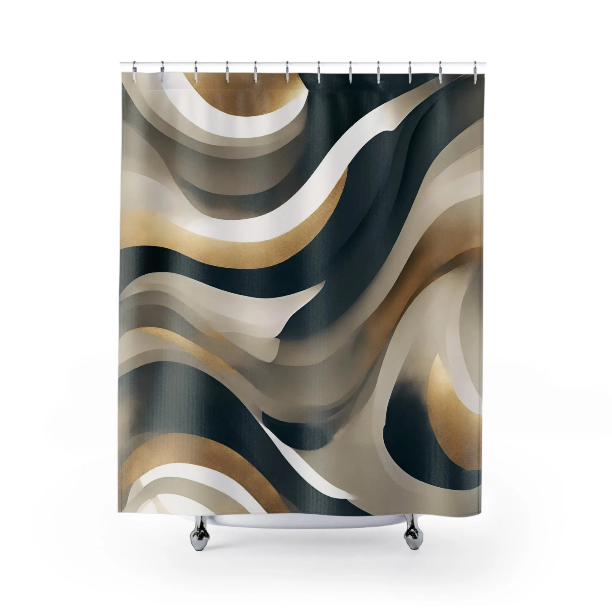 Abstract Shower Curtain | Beige Grey, Gold White Waves Lighting,Home Lighting
