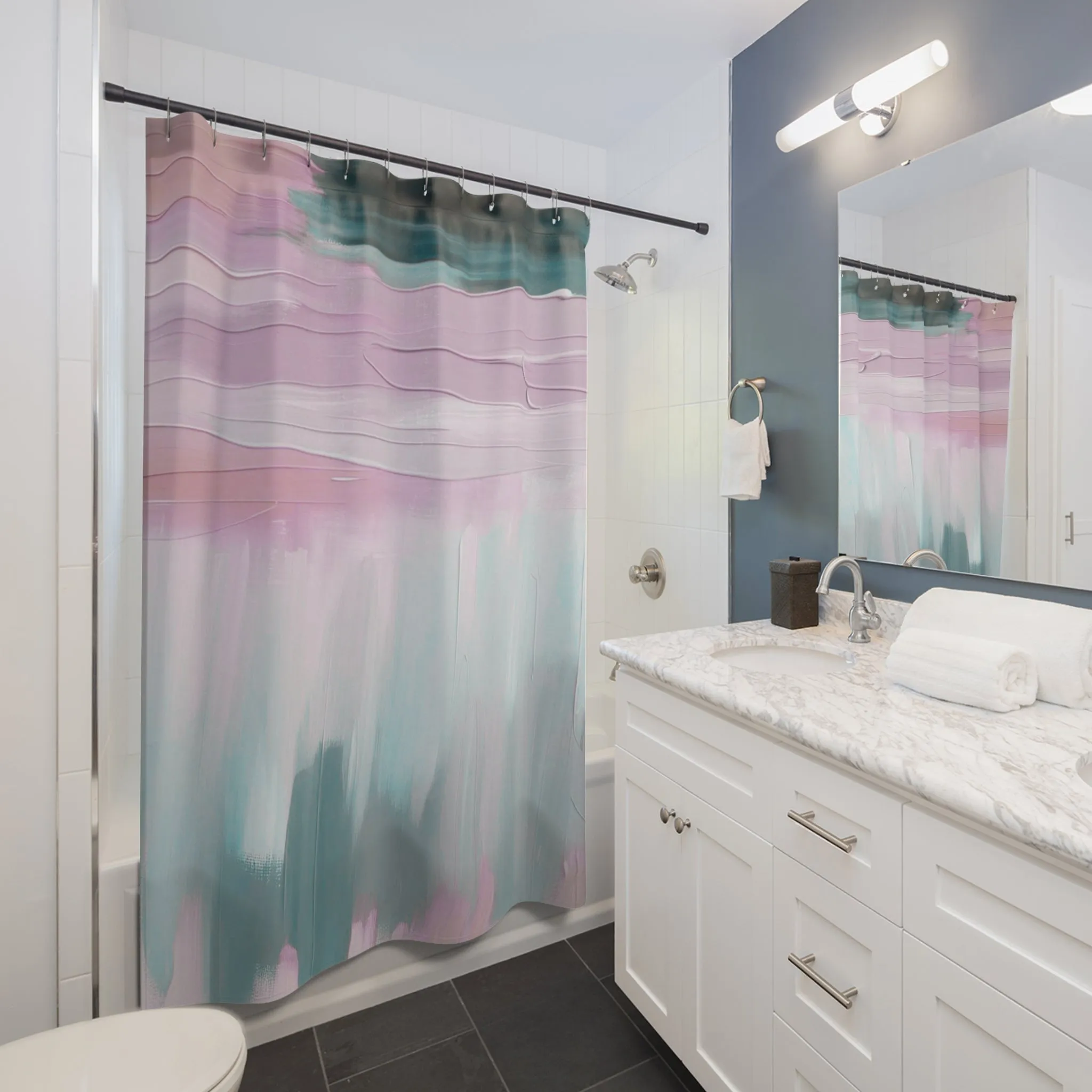 Abstract Shower Curtain | Blush Pink, Teal Ombre Green Bath Curtain