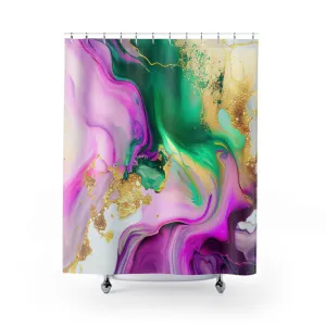 Abstract Shower Curtain | Bright Pink, Green, Non-Foil Gold Lighting,Home Lighting